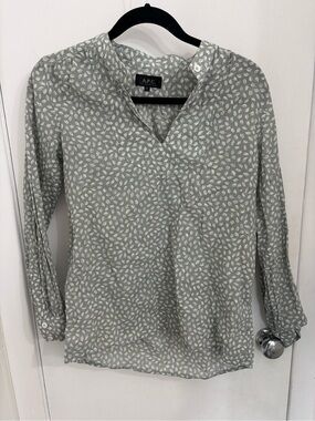 A.P.C. 100% cotton Sage Green Leaf-Print V-Neck Blouse